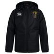 The Spartan Youth Rugby Club Vaposhield Stadium Jacket by EMB Canterbury features a black hood, front zipper, white Canterbury logo on the right chest, yellow Spartan Football Academy logo on the left chest, and padded insulation for warmth.