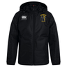 The Spartan Youth Rugby Club Vaposhield Stadium Jacket by EMB Canterbury features a black hood, front zipper, white Canterbury logo on the right chest, yellow Spartan Football Academy logo on the left chest, and padded insulation for warmth.