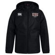 The East Stroudsburg University Club Vaposhield Stadium Jacket by EMB Canterbury features a black hood, front zipper, padded insulation for warmth, the Canterbury logo on the right chest, and "ESU Rugby" on the left chest.