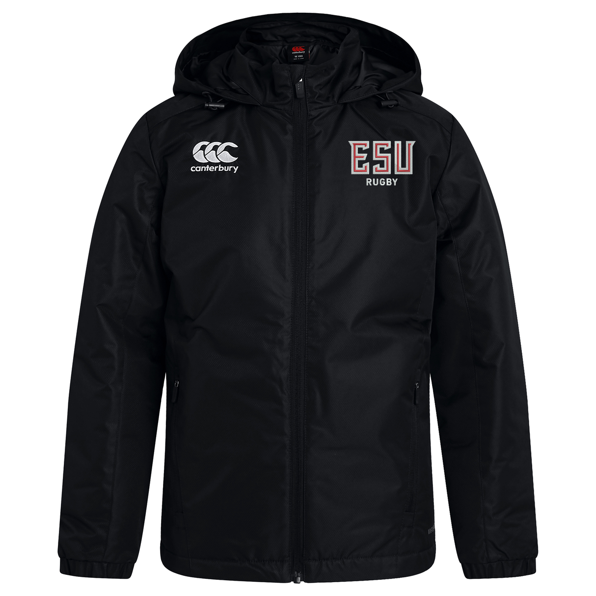 The East Stroudsburg University Club Vaposhield Stadium Jacket by EMB Canterbury features a black hood, front zipper, padded insulation for warmth, the Canterbury logo on the right chest, and "ESU Rugby" on the left chest.