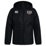 The East Stroudsburg University Club Vaposhield Stadium Jacket by EMB Canterbury features a black hood, front zipper, padded insulation for warmth, the Canterbury logo on the right chest, and "ESU Rugby" on the left chest.