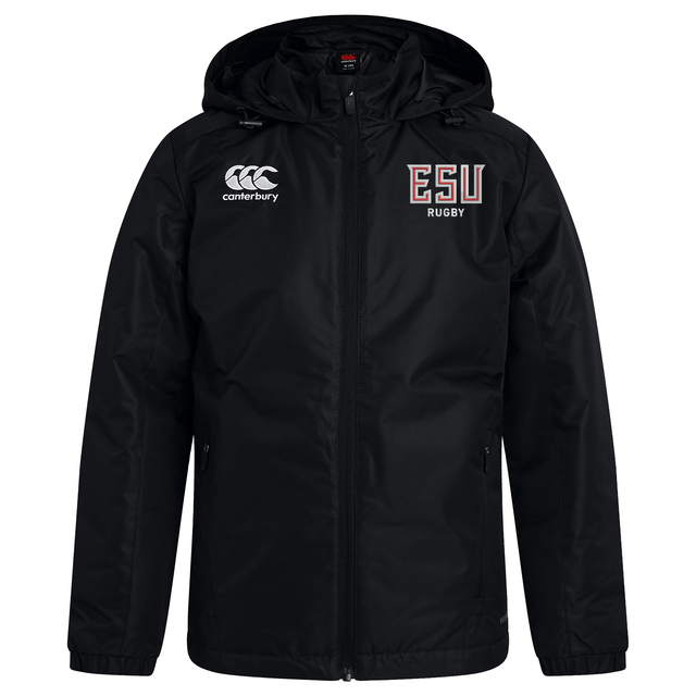 The East Stroudsburg University Club Vaposhield Stadium Jacket by EMB Canterbury features a black hood, front zipper, padded insulation for warmth, the Canterbury logo on the right chest, and "ESU Rugby" on the left chest.