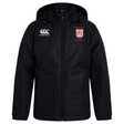 Black hooded Legion Academy Club Vaposhield Stadium Jacket by Canterbury made of water-repellent fabric, featuring an EMB Canterbury logo on the right chest and a Legion Academy logo on the left chest.