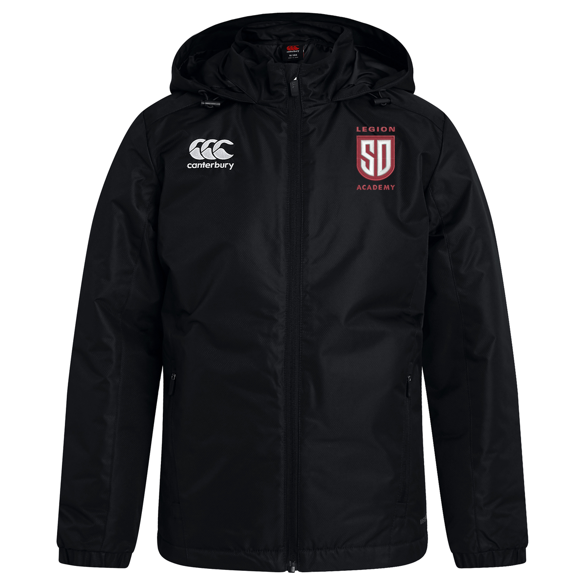 Black hooded Legion Academy Club Vaposhield Stadium Jacket by Canterbury made of water-repellent fabric, featuring an EMB Canterbury logo on the right chest and a Legion Academy logo on the left chest.