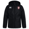 Black hooded Legion Academy Club Vaposhield Stadium Jacket by Canterbury made of water-repellent fabric, featuring an EMB Canterbury logo on the right chest and a Legion Academy logo on the left chest.