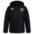 The Winchester Cannons Club Vaposhield Stadium Jacket by EMB Canterbury is a black hooded rugby jacket with a front zipper, featuring the Canterbury logo on the right chest and a multicolored crest on the left.