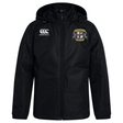 The Winchester Cannons Club Vaposhield Stadium Jacket by EMB Canterbury is a black hooded rugby jacket with a front zipper, featuring the Canterbury logo on the right chest and a multicolored crest on the left.