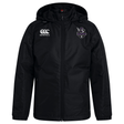 The Cypress Warriors Men's Rugby Club Vaposhield Stadium Jacket by EMB Canterbury features a black zip-up design, Canterbury logo on the right chest, purple team badge on the left, padded for warmth, shown on a plain white background.