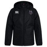 The Cypress Warriors Men's Rugby Club Vaposhield Stadium Jacket by EMB Canterbury features a black zip-up design, Canterbury logo on the right chest, purple team badge on the left, padded for warmth, shown on a plain white background.