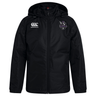 The Cypress Warriors Men's Rugby Club Vaposhield Stadium Jacket by EMB Canterbury features a black zip-up design, Canterbury logo on the right chest, purple team badge on the left, padded for warmth, shown on a plain white background.