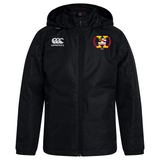 Potomac Exiles Rugby Club Club Vaposhield Stadium Jacket by EMB Canterbury features a black hooded design with a zipper, the Canterbury logo on the right chest, and a colorful embroidered Potomac Exiles crest with "2014" on the left chest. This water-repellent jacket is padded for warmth, ensuring comfort in all weather conditions.