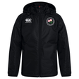 Society of Iowa Rugby Referees Club Vaposhield Stadium Jacket by EMB Canterbury in black, featuring a hood, padded insulation, a white EMB Canterbury logo on the right chest, and a circular floral emblem on the left chest, displayed against a white background.