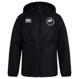 Society of Iowa Rugby Referees Club Vaposhield Stadium Jacket by EMB Canterbury in black, featuring a hood, padded insulation, a white EMB Canterbury logo on the right chest, and a circular floral emblem on the left chest, displayed against a white background.