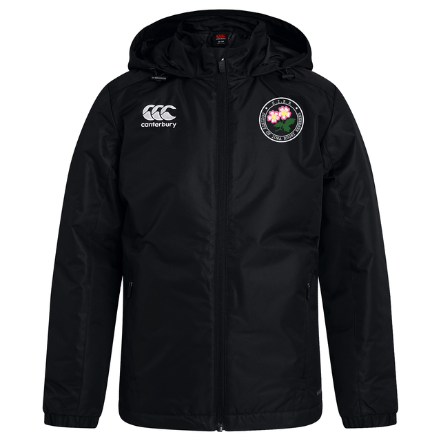 Society of Iowa Rugby Referees Club Vaposhield Stadium Jacket by EMB Canterbury in black, featuring a hood, padded insulation, a white EMB Canterbury logo on the right chest, and a circular floral emblem on the left chest, displayed against a white background.
