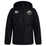 Society of Iowa Rugby Referees Club Vaposhield Stadium Jacket by EMB Canterbury in black, featuring a hood, padded insulation, a white EMB Canterbury logo on the right chest, and a circular floral emblem on the left chest, displayed against a white background.