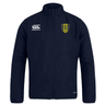 The Gotham Knights Club Track Jacket by EMB Canterbury is a lightweight navy blue jacket featuring the Canterbury logo on the right chest and a yellow and blue shield emblem on the left chest. It is water repellent to keep you dry in various conditions.