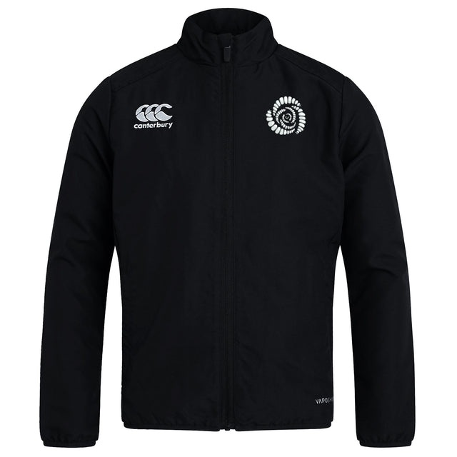 Missoula All-Maggots Club Track Jacket by EMB Canterbury—black, lightweight zip-up with a high collar, featuring a white EMB Canterbury logo on the right chest and a white spiral emblem on the left chest.