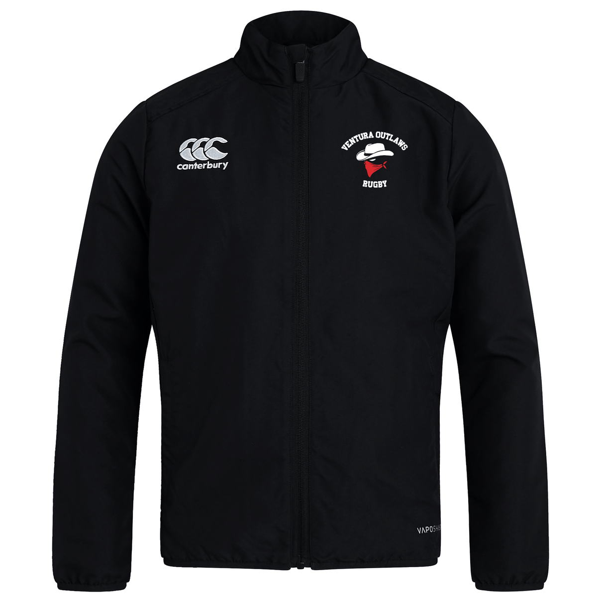 The Ventura Outlaws Rugby Club Track Jacket by Canterbury is a lightweight black zip-up jacket featuring the embossed "Canterbury" logo on the right chest and the "Ventura Outlaws Rugby" text and logo on the left chest.