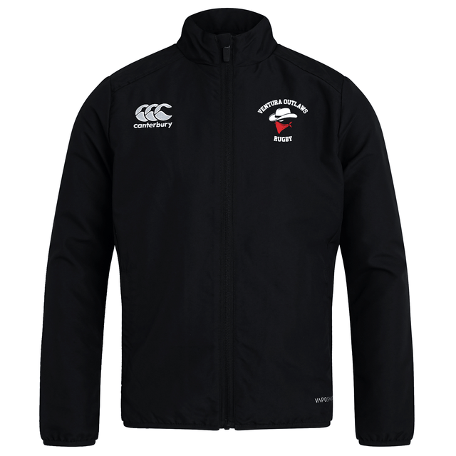 The Ventura Outlaws Rugby Club Track Jacket by Canterbury is a lightweight black zip-up jacket featuring the embossed "Canterbury" logo on the right chest and the "Ventura Outlaws Rugby" text and logo on the left chest.