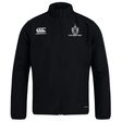Introducing the Highlanders Rugby NC Club Track Jacket by EMB Canterbury: a sleek black track jacket featuring a full-length zipper. The Highlanders Rugby logo is proudly displayed on the right chest, while the Canterbury logo adorns the left chest. This lightweight and quick-drying jacket is perfect for all conditions.