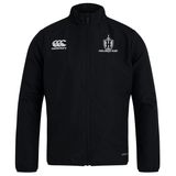 Introducing the Highlanders Rugby NC Club Track Jacket by EMB Canterbury: a sleek black track jacket featuring a full-length zipper. The Highlanders Rugby logo is proudly displayed on the right chest, while the Canterbury logo adorns the left chest. This lightweight and quick-drying jacket is perfect for all conditions.