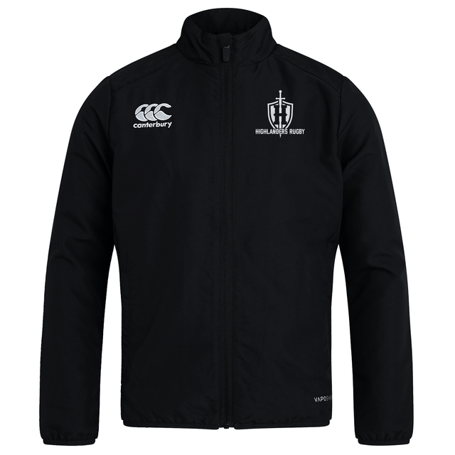 Introducing the Highlanders Rugby NC Club Track Jacket by EMB Canterbury: a sleek black track jacket featuring a full-length zipper. The Highlanders Rugby logo is proudly displayed on the right chest, while the Canterbury logo adorns the left chest. This lightweight and quick-drying jacket is perfect for all conditions.