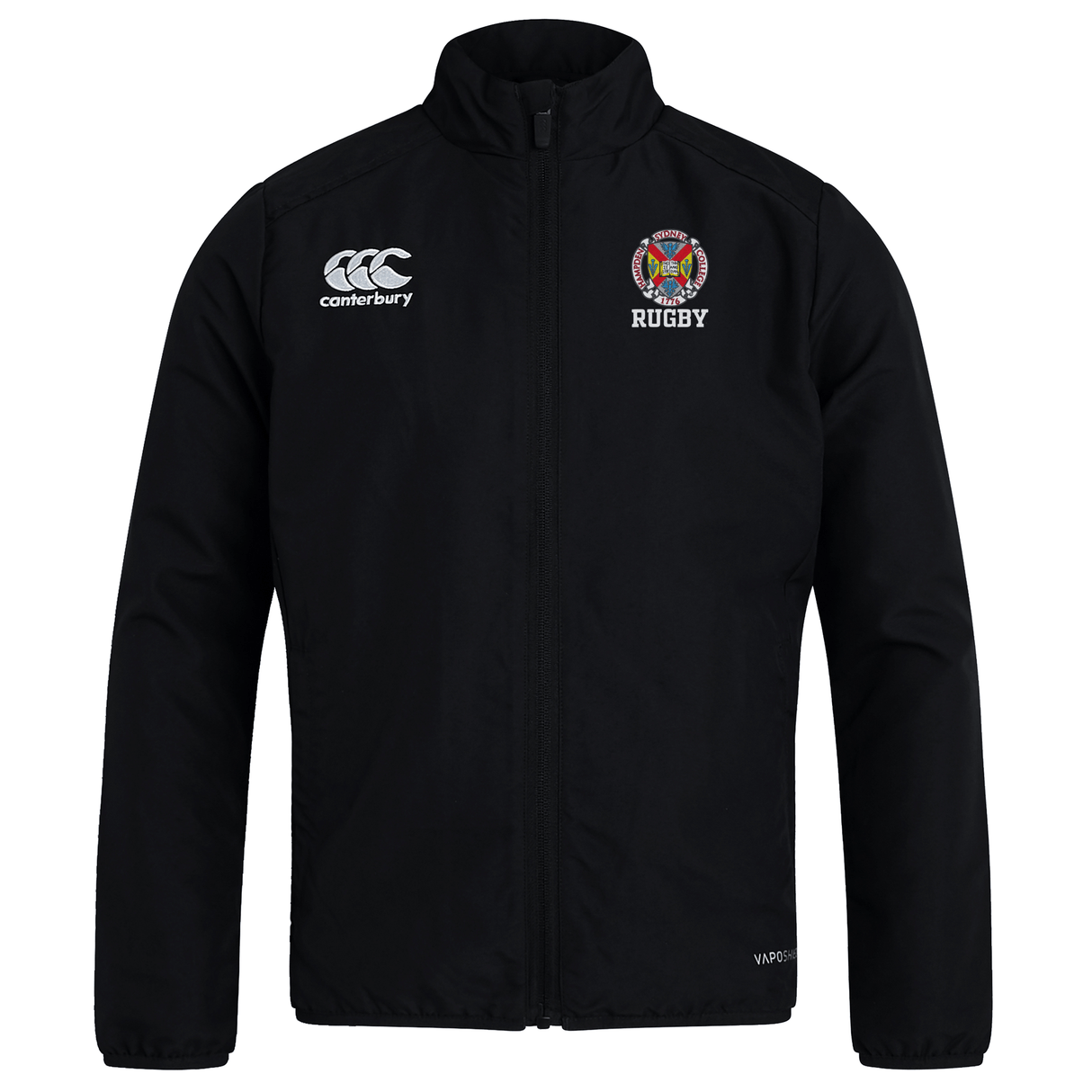 The Hampden Sydney College Club Track Jacket by Canterbury is a lightweight black jacket featuring a front zipper and high collar. The EMB Canterbury and rugby team logos are proudly displayed on the chest, and its quick-drying fabric ensures comfort in all conditions.