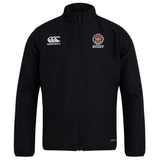 The Hampden Sydney College Club Track Jacket by Canterbury is a lightweight black jacket featuring a front zipper and high collar. The EMB Canterbury and rugby team logos are proudly displayed on the chest, and its quick-drying fabric ensures comfort in all conditions.