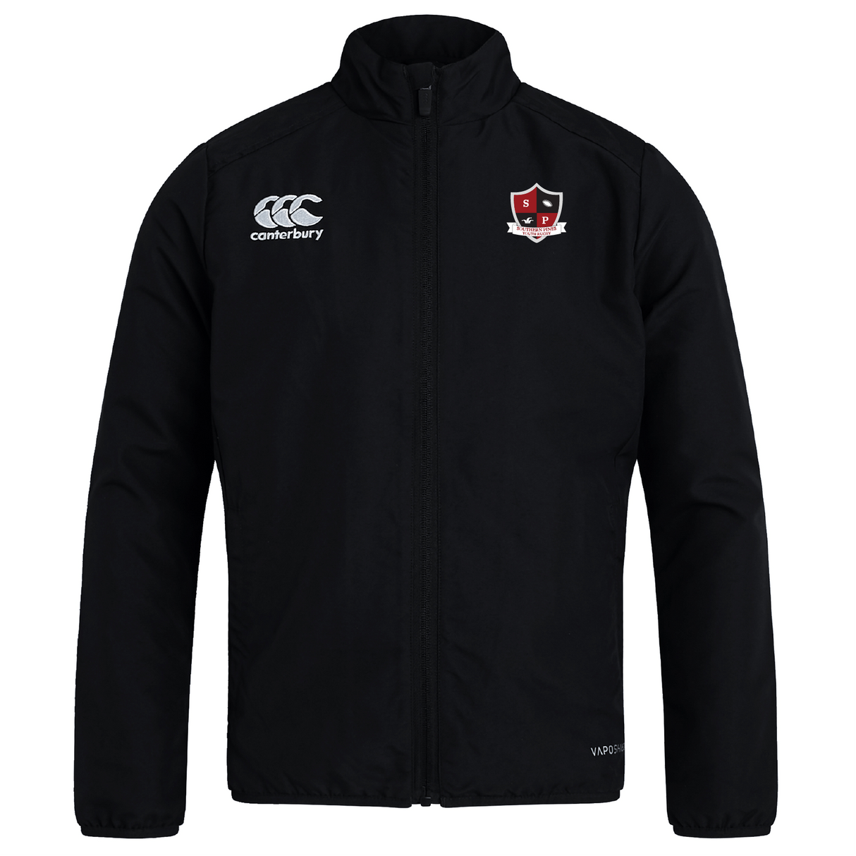 The Southern Pines Youth Rugby Club Track Jacket by EMB Canterbury is a lightweight black jacket with a shield logo on the right chest and the iconic Canterbury logo on the left, designed to be water-repellent for all-weather comfort.