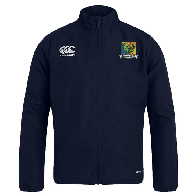Navy blue, water-repellent Takoma Touch Rugby Club Track Jacket by Canterbury featuring a logo and rugby club crest on the chest.