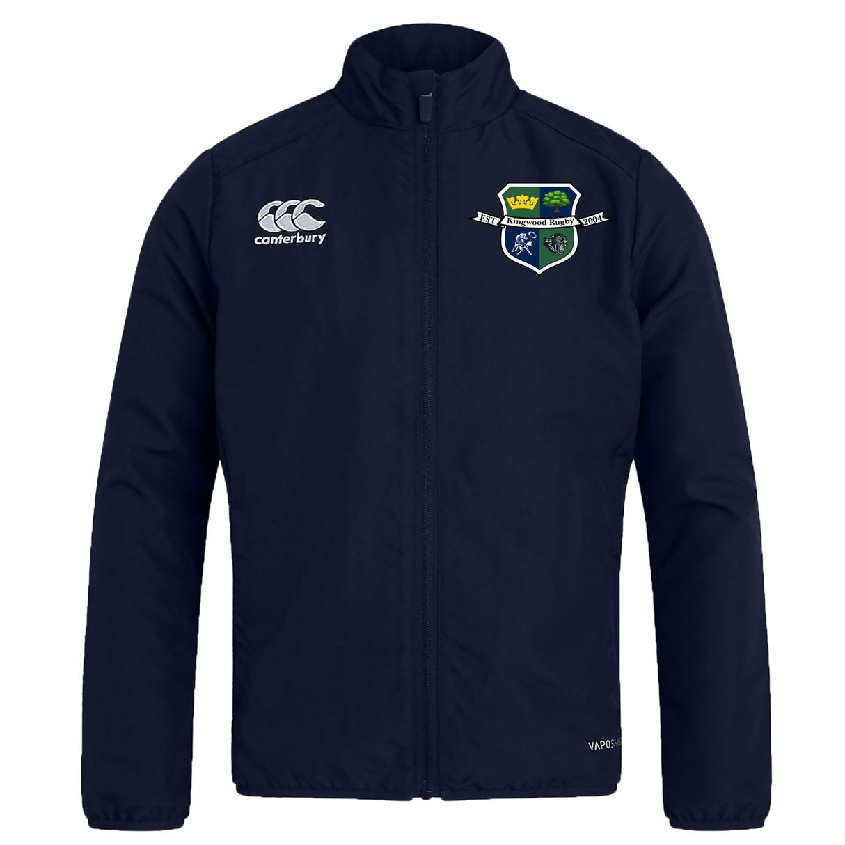 The Kingwood Rugby Club Track Jacket by EMB Canterbury is a navy blue, lightweight zip-up with two embroidered logos: the Canterbury logo on the right chest and the club crest with text on the left—perfect for layering year-round.