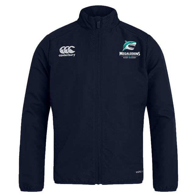 The EMB Canterbury NC Rugby Academy - Megalodons Club Track Jacket features a navy blue design, zip front, Canterbury logo on the right chest, and “Megalodons Rugby Academy” logo on the left. Lightweight for comfort and style.