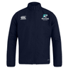 The EMB Canterbury NC Rugby Academy - Megalodons Club Track Jacket features a navy blue design, zip front, Canterbury logo on the right chest, and “Megalodons Rugby Academy” logo on the left. Lightweight for comfort and style.