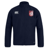 The Montgomery Bucks Griffins Club Track Jacket by EMB Canterbury features a navy blue design, white Canterbury logo on the right chest, and a maroon and white lion crest on the left. Lightweight for stylish comfort in any setting.