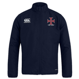 SF CDME Rugby Club Track Jacket by Canterbury in navy blue, made from lightweight material with a front zipper, featuring the EMB Canterbury and Come Rugby logos on the chest.