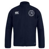 The Saint Anselm College Club Rugby Track Jacket by EMB Canterbury features a navy blue, water-repellent design with zip front, Canterbury logo on the right chest, and a circular "S.A." emblem on the left chest.