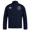 The Saint Anselm College Club Rugby Track Jacket by EMB Canterbury features a navy blue, water-repellent design with zip front, Canterbury logo on the right chest, and a circular "S.A." emblem on the left chest.