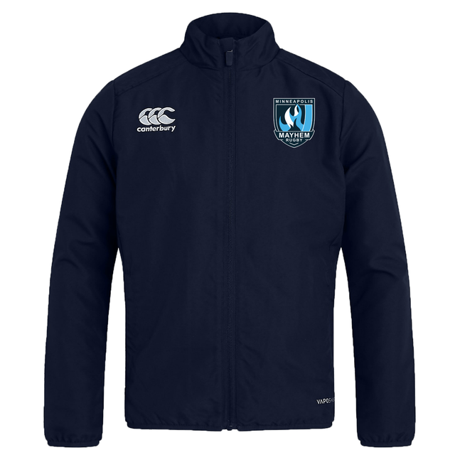 The Minneapolis Mayhem Rugby Club Track Jacket by EMB Canterbury features a navy design with the Canterbury logo on the right chest and the Minneapolis Mayhem shield logo on the left chest.