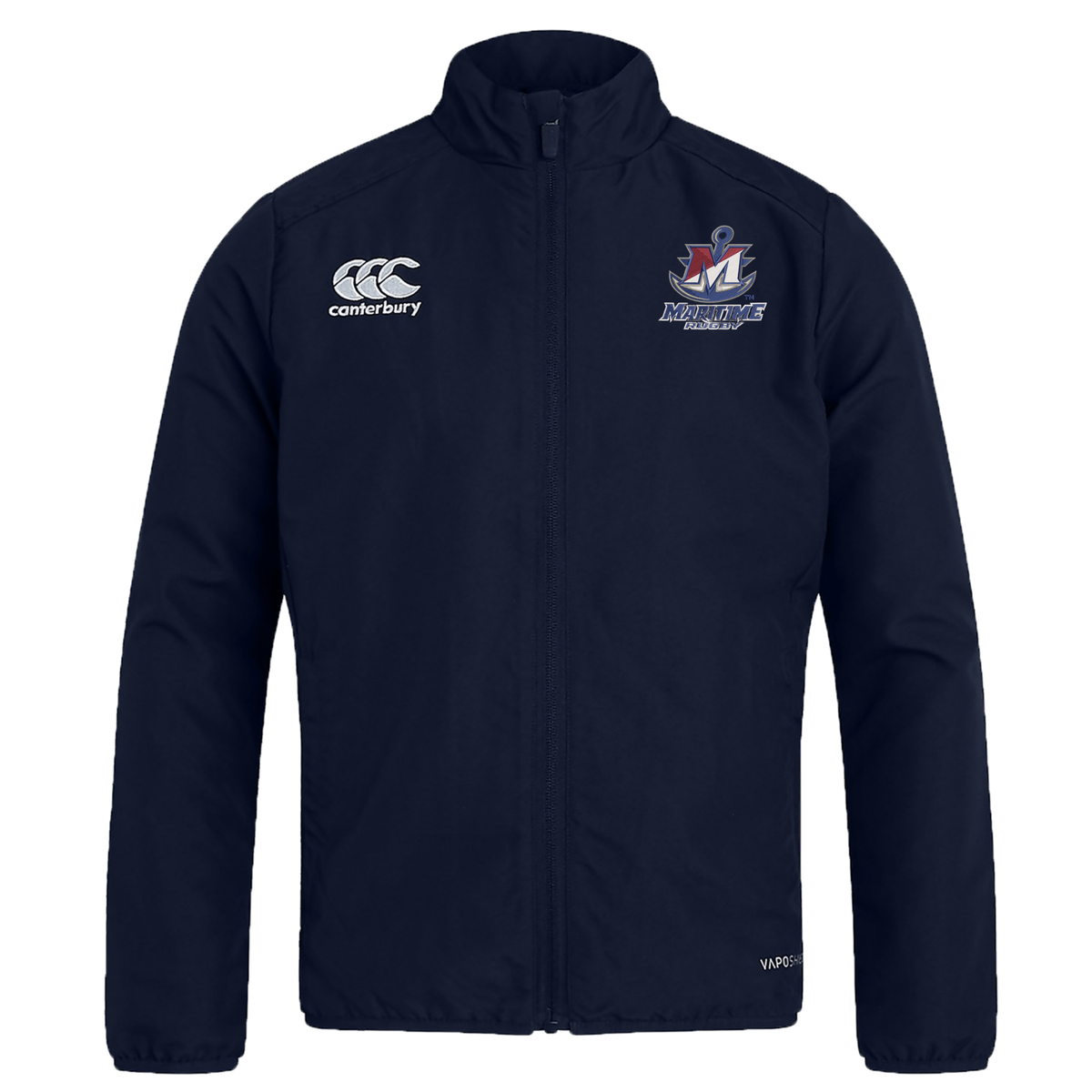 Navy blue water-repellent SUNY Maritime Men’s Rugby Club Track Jacket by Canterbury with a logo on the chest and an anchor crest on the opposite side.