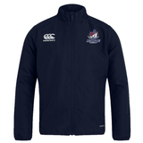 Navy blue water-repellent SUNY Maritime Men’s Rugby Club Track Jacket by Canterbury with a logo on the chest and an anchor crest on the opposite side.