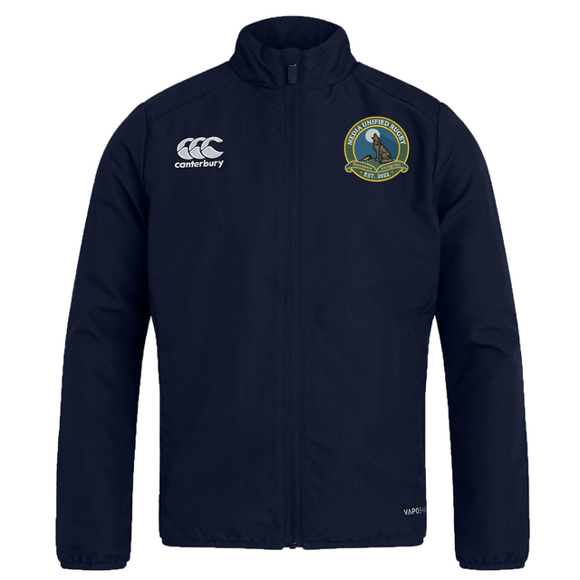 Navy blue Media Unified Rugby Club Track Jacket by Canterbury with a zip-up front and a chest logo featuring a wolf and the text “Media Unified Rugby, Est. 2022.”