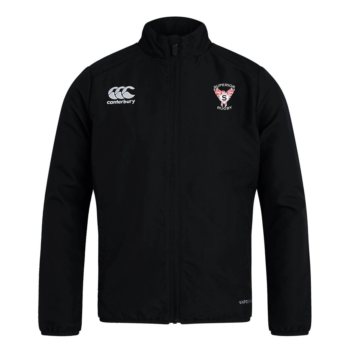 The Superior Rugby Club Track Jacket by EMB Canterbury is a black lightweight jacket with a high collar, featuring the Canterbury logo on the right chest and the rugby club crest on the left.
