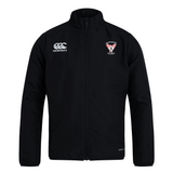 The Superior Rugby Club Track Jacket by EMB Canterbury is a black lightweight jacket with a high collar, featuring the Canterbury logo on the right chest and the rugby club crest on the left.