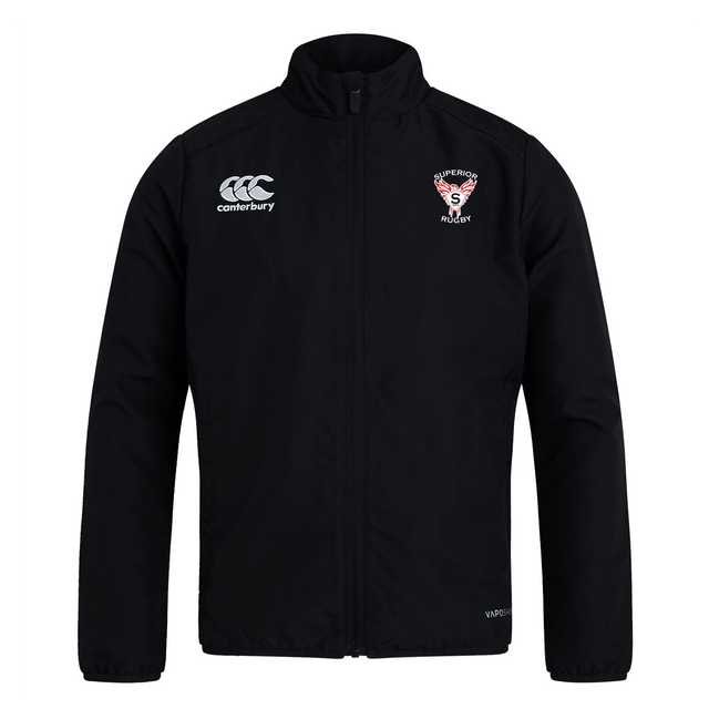 The Superior Rugby Club Track Jacket by EMB Canterbury is a black lightweight jacket with a high collar, featuring the Canterbury logo on the right chest and the rugby club crest on the left.