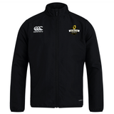 The EMB Canterbury Chicago Riot Club Track Jacket is a black lightweight zip-up jacket featuring the Canterbury logo on the right chest and the Chicago Riot club logo on the left, perfect for fans seeking stylish team gear.