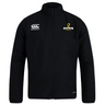 The EMB Canterbury Chicago Riot Club Track Jacket is a black lightweight zip-up jacket featuring the Canterbury logo on the right chest and the Chicago Riot club logo on the left, perfect for fans seeking stylish team gear.