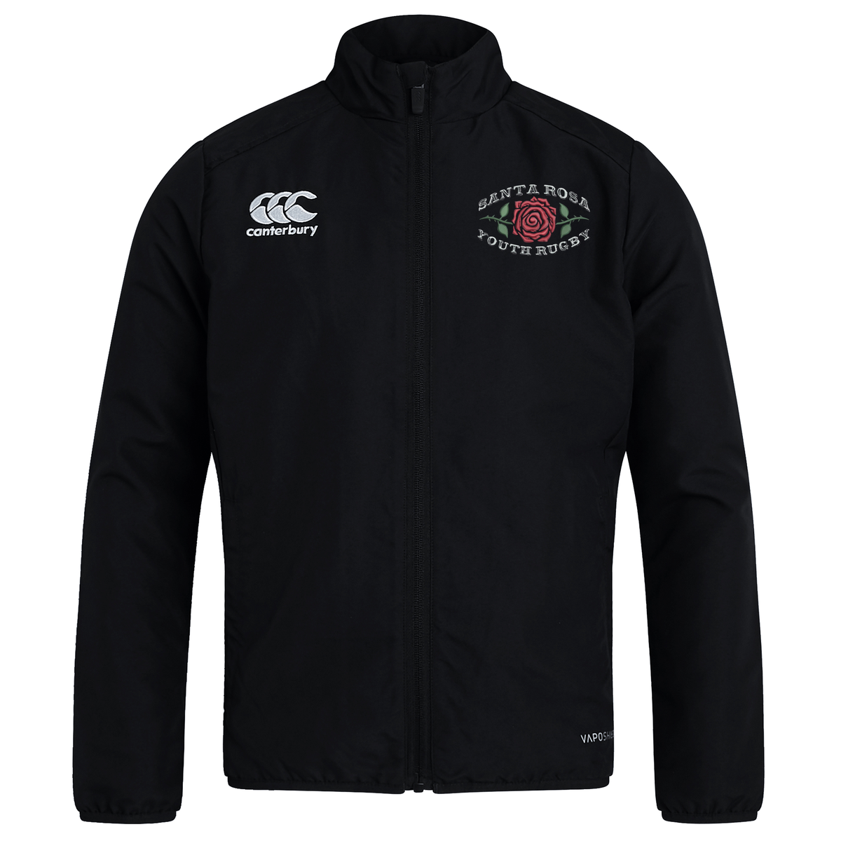 The Santa Rosa Youth Rugby Club Track Jacket by Canterbury, from EMB Canterbury, is a black lightweight jacket featuring a zip front. It displays “Santa Rosa Youth Rugby” and a rose logo on the left chest, along with the Canterbury logo on the right chest. Designed for layering, this jacket also provides water-repellent protection against unpredictable weather.