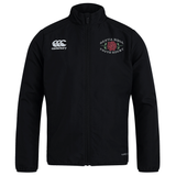 The Santa Rosa Youth Rugby Club Track Jacket by Canterbury, from EMB Canterbury, is a black lightweight jacket featuring a zip front. It displays “Santa Rosa Youth Rugby” and a rose logo on the left chest, along with the Canterbury logo on the right chest. Designed for layering, this jacket also provides water-repellent protection against unpredictable weather.