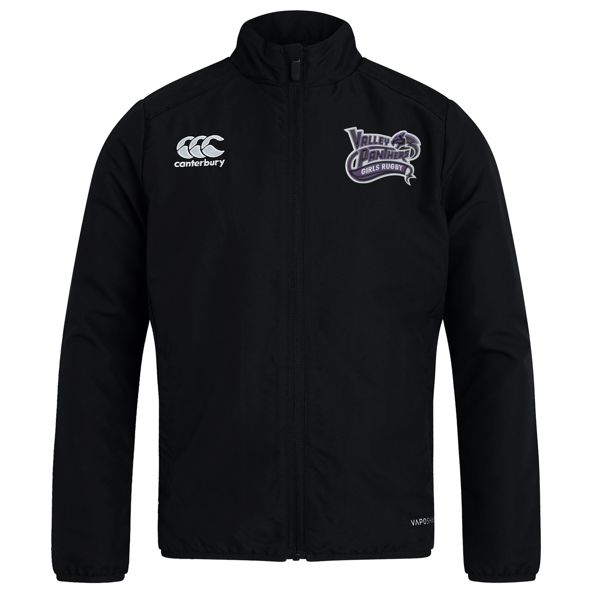 Introducing the Valley Panthers Girls Rugby Club Track Jacket by EMB Canterbury—a black zip-up jacket featuring a Canterbury logo on the right chest and a “Valley of Dan High Girls Rugby” emblem on the left chest. Crafted from lightweight, water-repellent fabric, this track jacket is ideal for staying comfortable and dry in unpredictable weather.