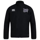 Introducing the Valley Panthers Girls Rugby Club Track Jacket by EMB Canterbury—a black zip-up jacket featuring a Canterbury logo on the right chest and a “Valley of Dan High Girls Rugby” emblem on the left chest. Crafted from lightweight, water-repellent fabric, this track jacket is ideal for staying comfortable and dry in unpredictable weather.